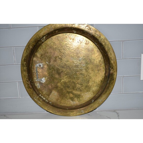 Vintage 1970Brass Tray MCM India etch design has wall mount 16" Diameter patina - Picture 4 of 12